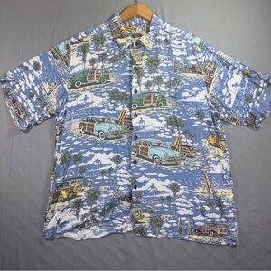 Vintage Reyn Spooner Shirt Mens XL Blue Art Of Eddy Y Surf Woody Hawaiian 90s